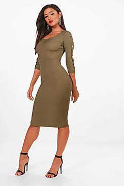 Boohoo Popper Sleeve Detail Ribbed Midi Dress