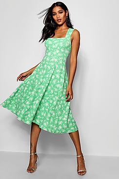 Boohoo Floral Print Square Neck Midi Dress