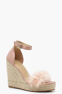 Boohoo Zoe Feather Trim Espadrille Wedges