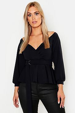 Boohoo Plus Crepe Off The Shoulder Wrap Peplum Top