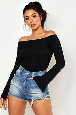 Boohoo Basic Off The Shoulder Flare Split Sleeve Rib Top