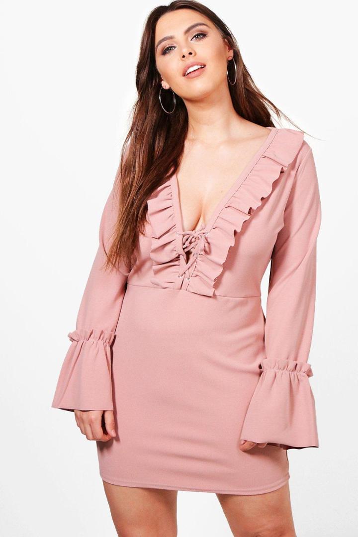 Boohoo Plus Alexia Ruffle Lace Up Bodycon Dress Rose