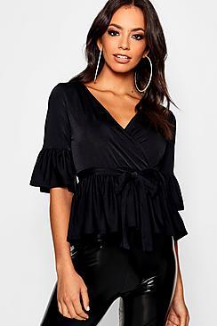 Boohoo Wrap Front Frill Hem Top