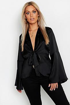 Boohoo Plus Satin Tie Front Blouse