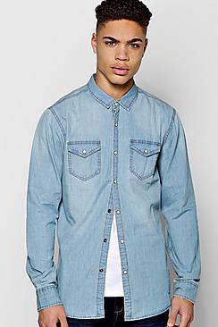 Boohoo Long Sleeve Mid Wash Denim Shirt