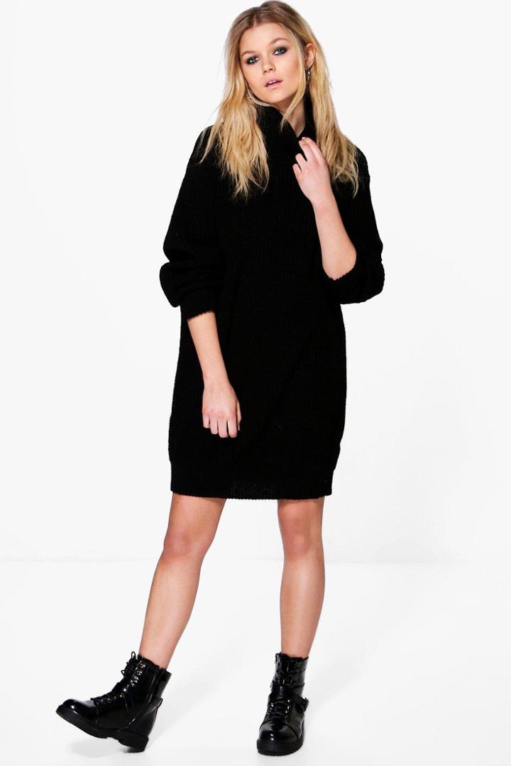 Boohoo Petite Tilly Rib Roll Neck Jumper Dress Black