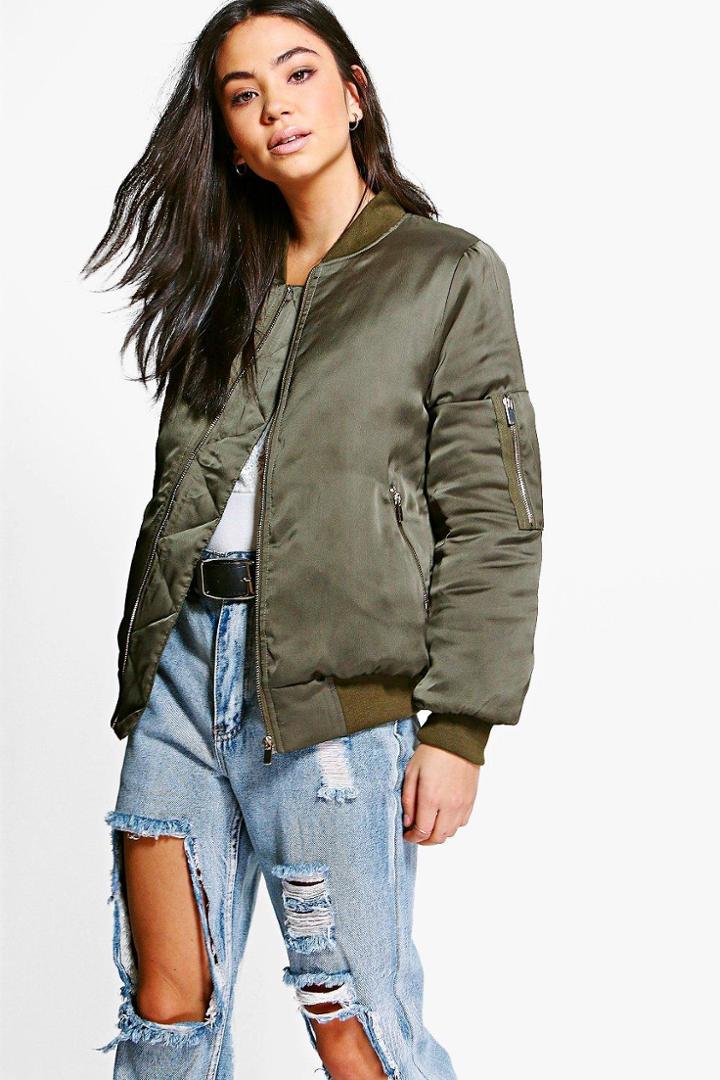 Boohoo Scarlett Satin Bomber Jacket Khaki