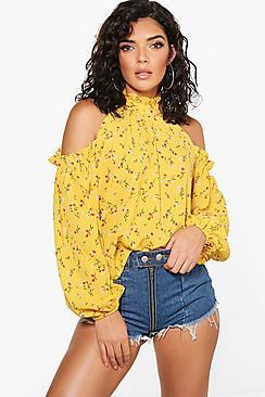 Boohoo Grace Micro Ruffle Cold Shoulder Floral Top