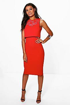Boohoo Lula Lace Detail Double Layer Midi Dress