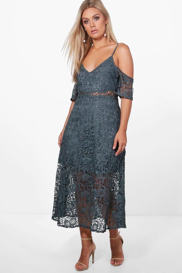 Boohoo Plus Coleen Crochet Lace Premium Skater Dress Smoke