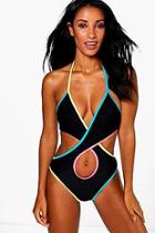 Boohoo Annabelle Neon Wrap Swimsuit