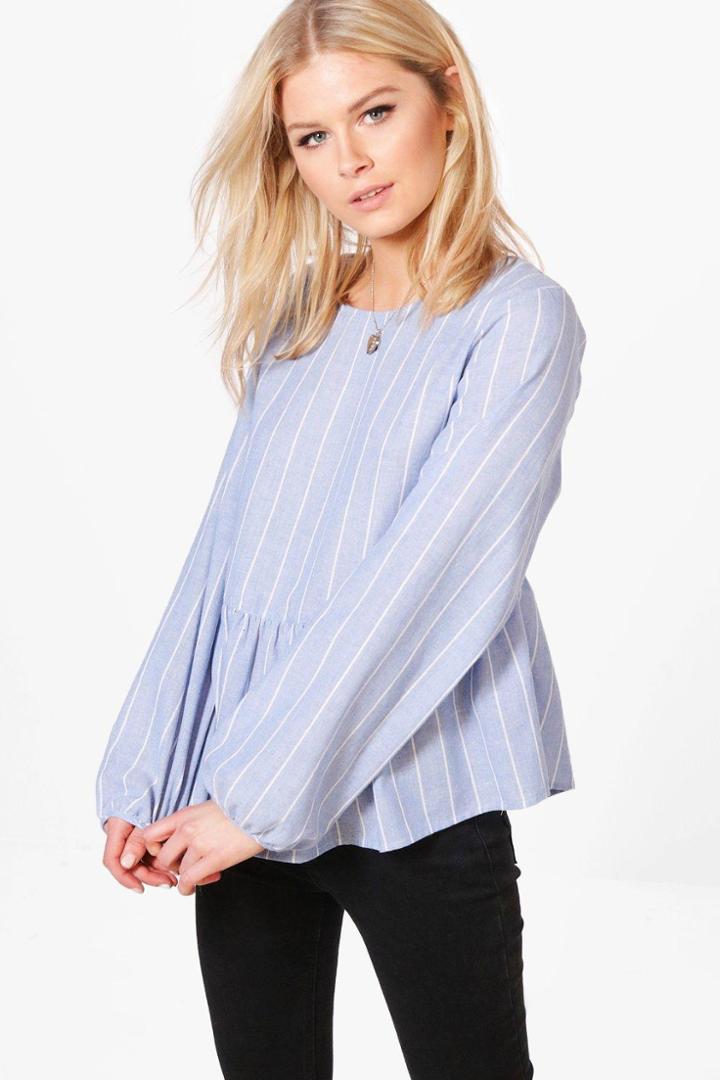 Boohoo Evelyn Stripe Frill Hem Woven Blouse Blue