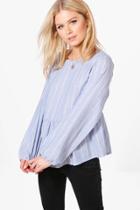 Boohoo Evelyn Stripe Frill Hem Woven Blouse Blue