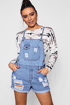 Boohoo Lola Eyelet Button Through Denim Dungaree Shorts