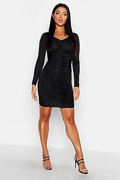 Boohoo Long Sleeved Ruched Mini Dress