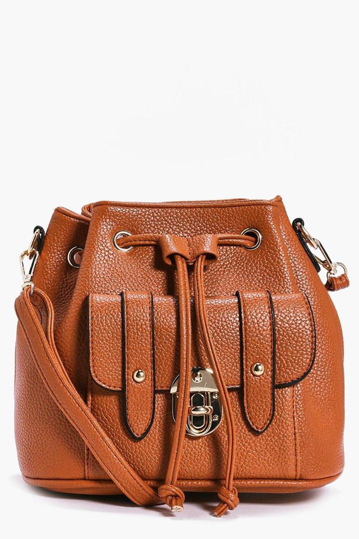 Boohoo Amy Metal Clasp Pocket Front Duffle Bag Tan