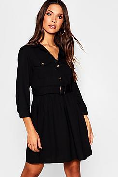 Boohoo Horn Button Belted Utility Shirt Dress