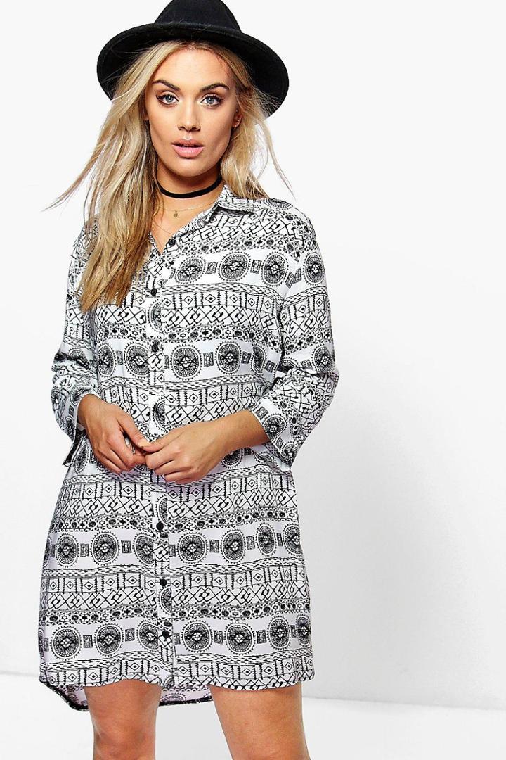 Boohoo Plus Elda Paisley Shirt Dress Ivory