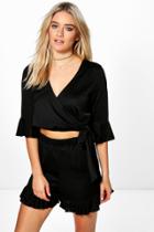 Boohoo Mia Wrap Top Frill Shorts Co-ord Black