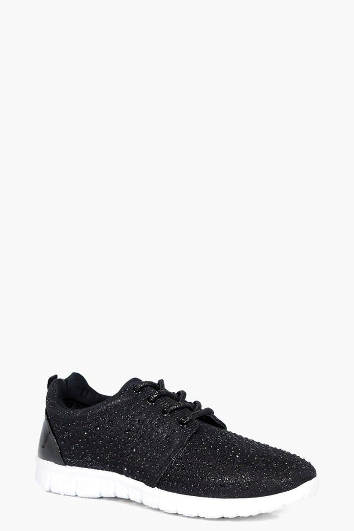 Boohoo Imogen Diamante Lace Up Trainer Black
