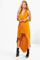 Boohoo Elle Wrap Front Halter Skirted Maxi Dress Turmeric
