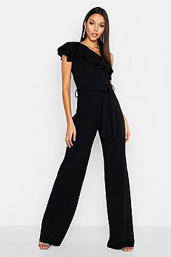 Boohoo Tall Ruffle One Shoulder Jumpsuit
