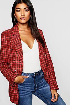 Boohoo Double Breasted Gold Button Tartan Blazer