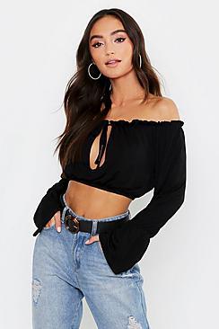 Boohoo Petite Off Shoulder Tie & Frill Crop Top