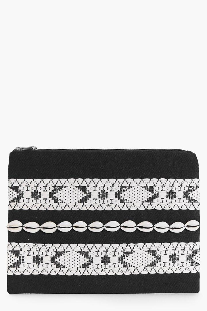 Boohoo Esther Mono Aztec Shell Detail Clutch Black
