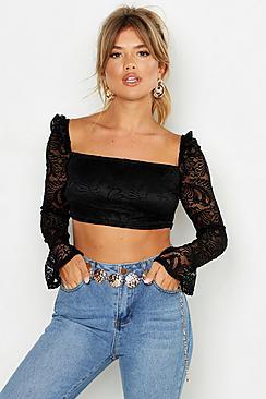 Boohoo Lace Square Neck Peasant Crop