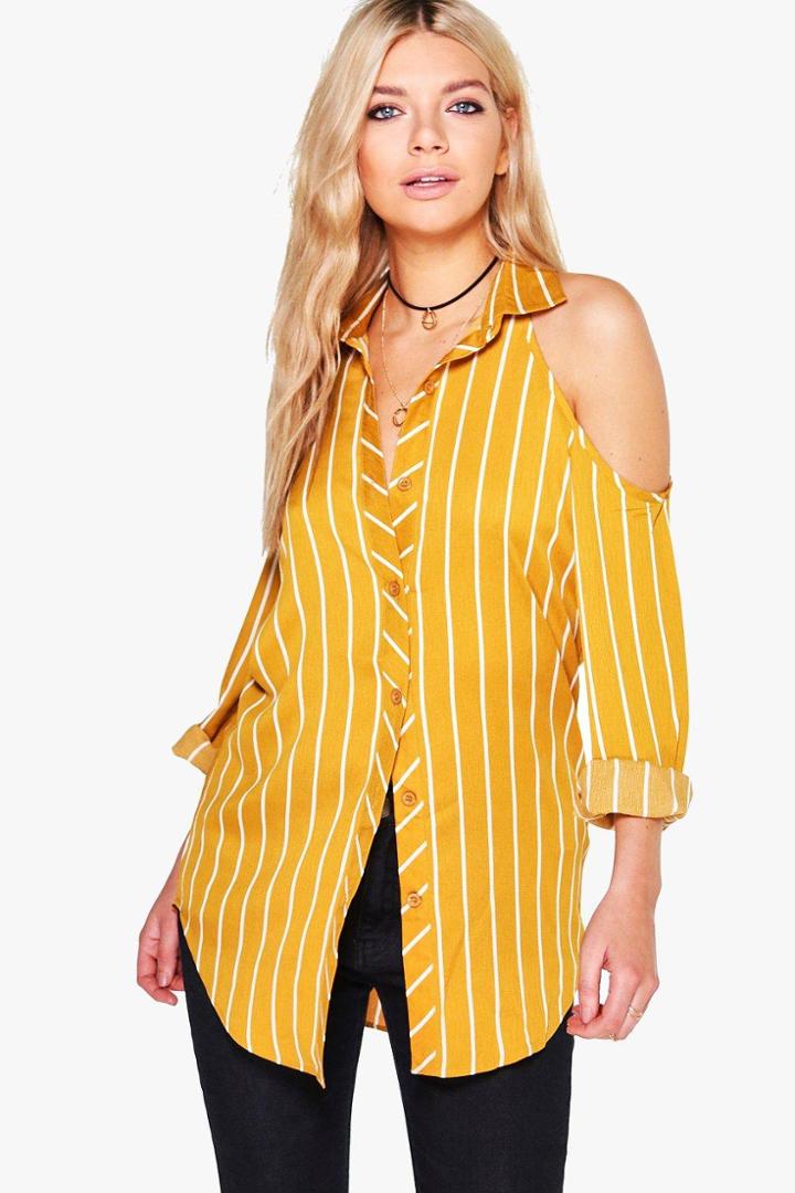 Boohoo Summer Cold Shoulder Striped Shirt Chartreuse