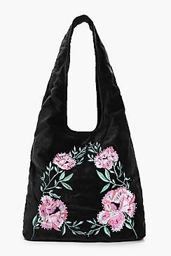 Boohoo Matilda Velvet Embroidered Hobo Bag