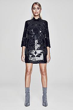 Boohoo Premium Embellished 3/4 Sleeve Oriental Shift Dress