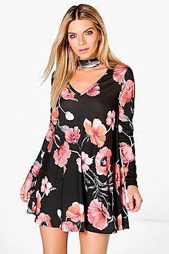 Boohoo Farah Choker Long Sleeve Swing Dress