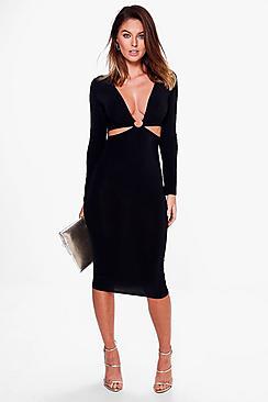 Boohoo Freyja Plunge Ring Detail Long Sleeve Midi Dress