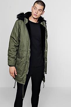 Boohoo Parka With Faux Fur Zip Hood & Zip Detail