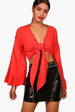 Boohoo Tie Front Flare Sleeve Crop