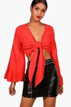 Boohoo Tie Front Flare Sleeve Crop