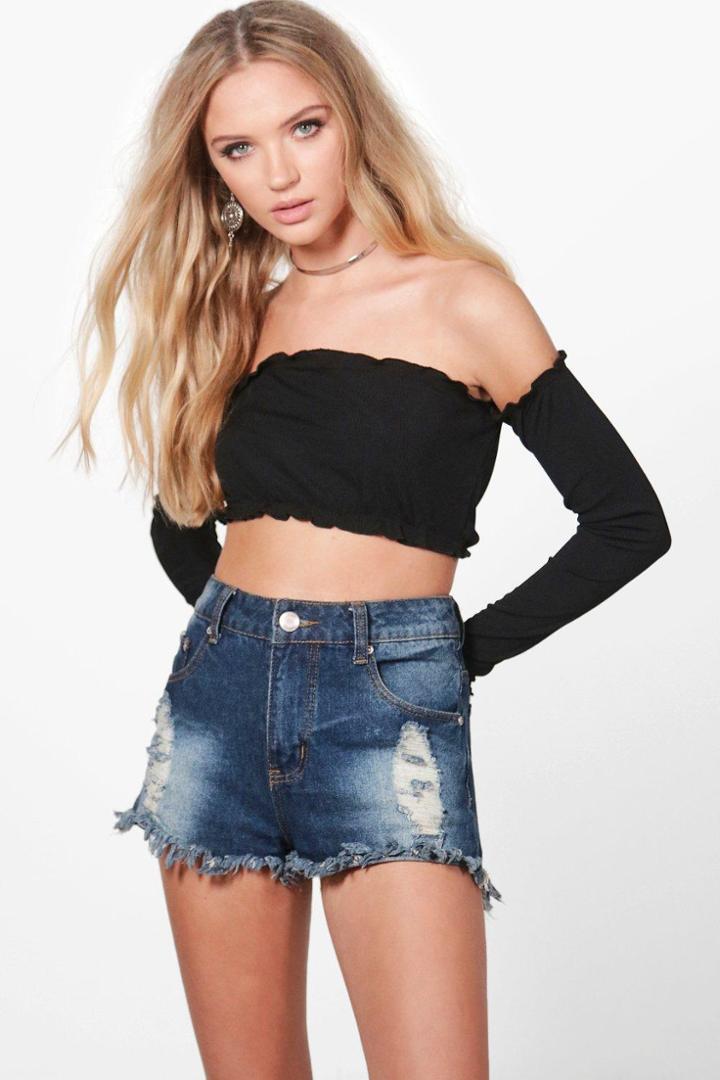 Boohoo Saskia Cropped Rib Off The Shoulder Top Black