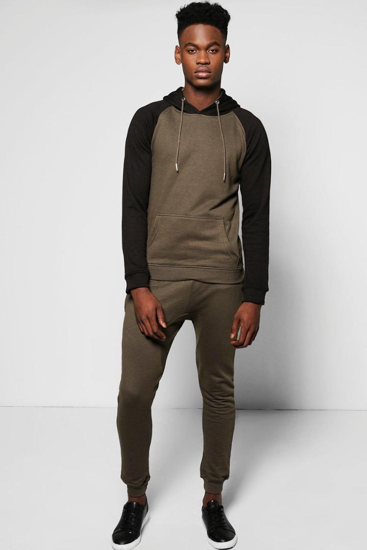 Boohoo Skinny Fit Raglan Hooded Tracksuit Khaki