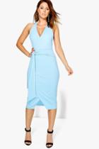 Boohoo Luna Wrap & Tie Detail Halter Midi Dress Bluebell