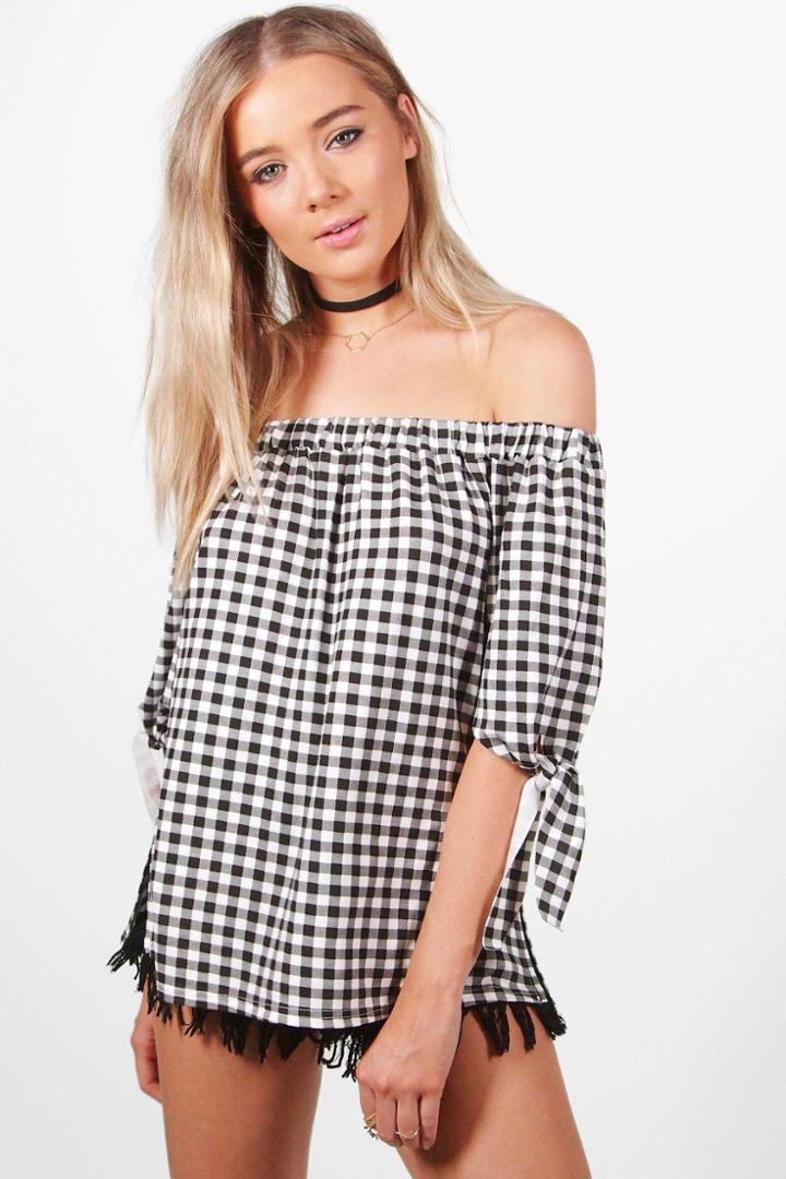 Boohoo Louise Tie Sleeve Gingham Jersey Bardot Top Black