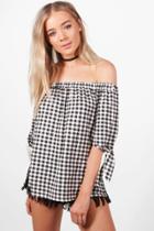 Boohoo Louise Tie Sleeve Gingham Jersey Bardot Top Black