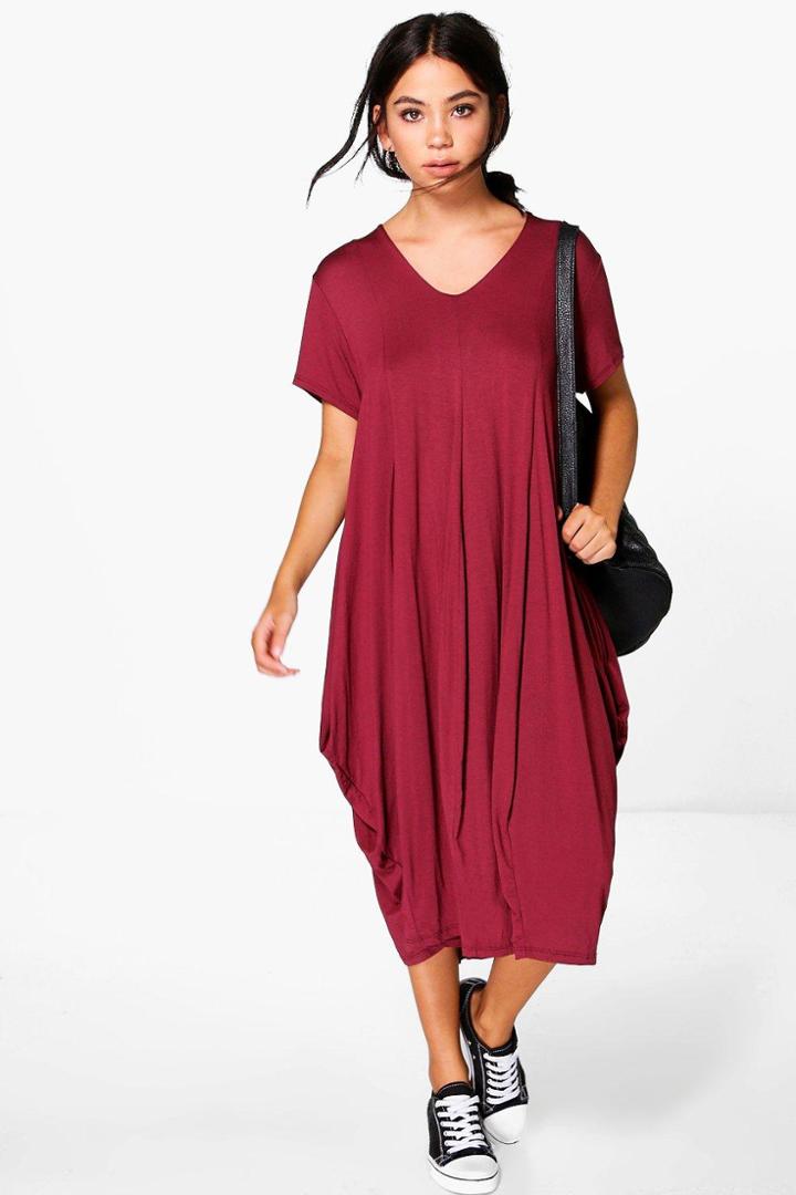 Boohoo Nevaeh V Neck Long Sleeved Midi Dress Wine