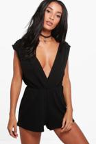 Boohoo Kim Pleated Shoulder Plunge Neck Playsuit Black