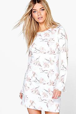 Boohoo Myleene Oriental Floral Bell Sleeve Shift Dress
