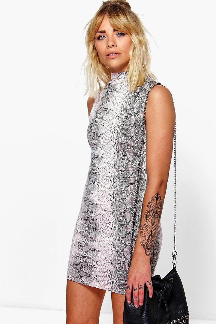 Boohoo Misse High Neck Snake Bodycon Dress Nude