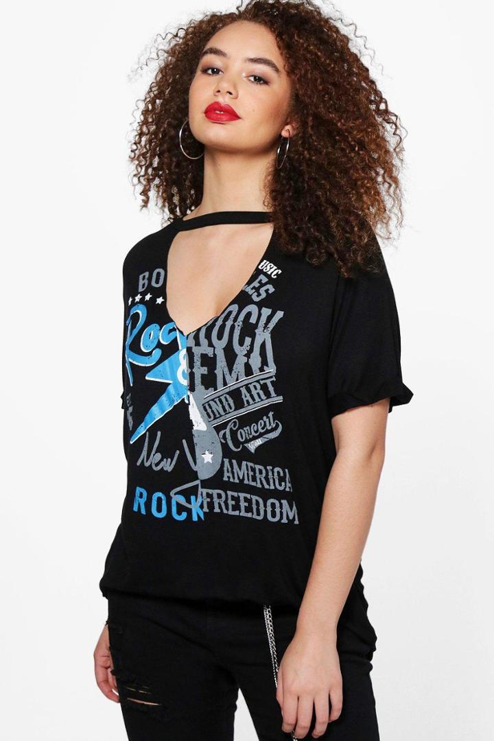Boohoo Plus Alison Sliced Printed Choker Top Black