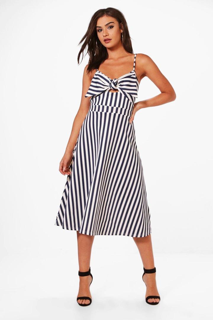 Boohoo Lucille Stripe Bow Front Midi Skater Dress Ivory