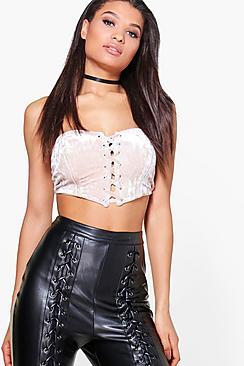 Boohoo Zoe Crushed Velvet Lace Up Corset Bodice